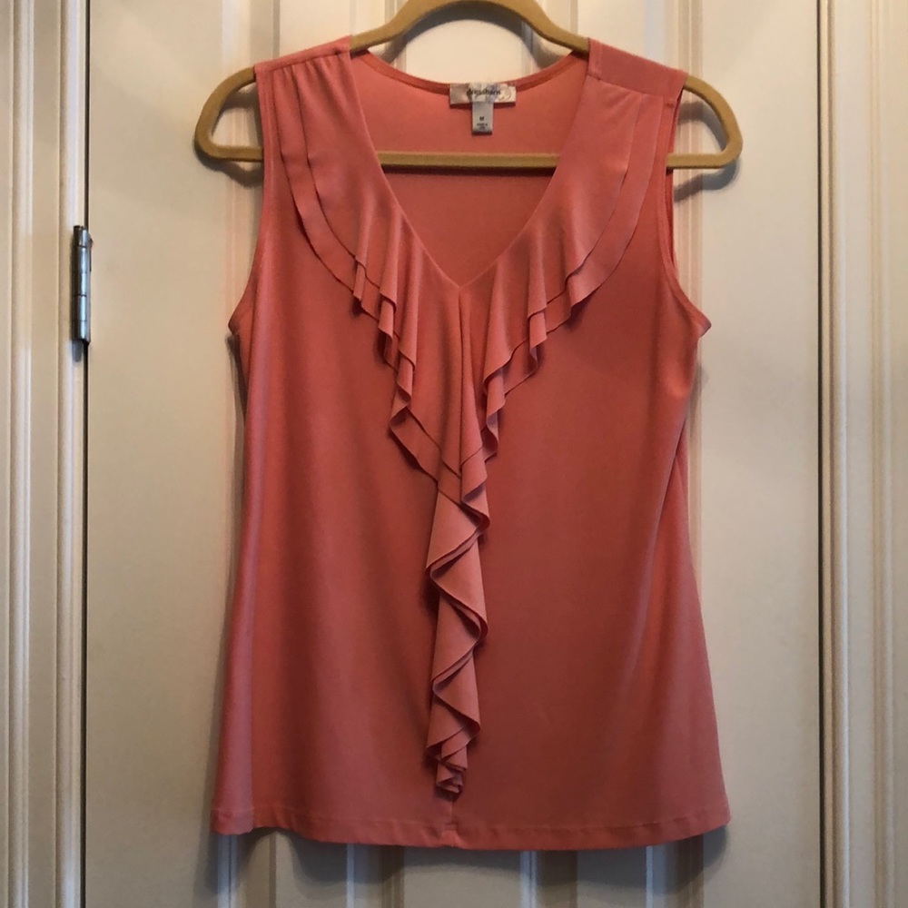Pretty peach ruffle front top!